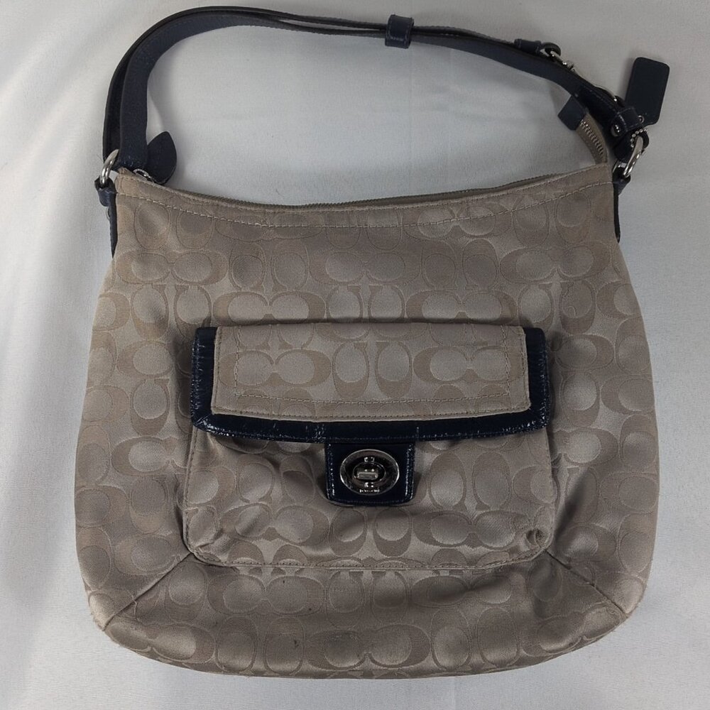 Coach F19232 Penelope Signature Monogram Sateen Blue Beige Shoulder Purse Bag